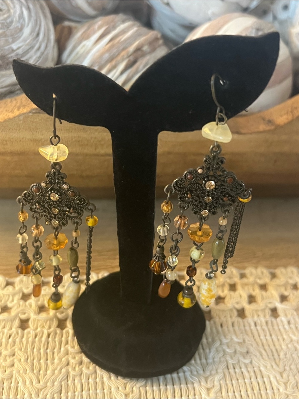 Boho Filigree Dangle Earrings in Amber and Gold